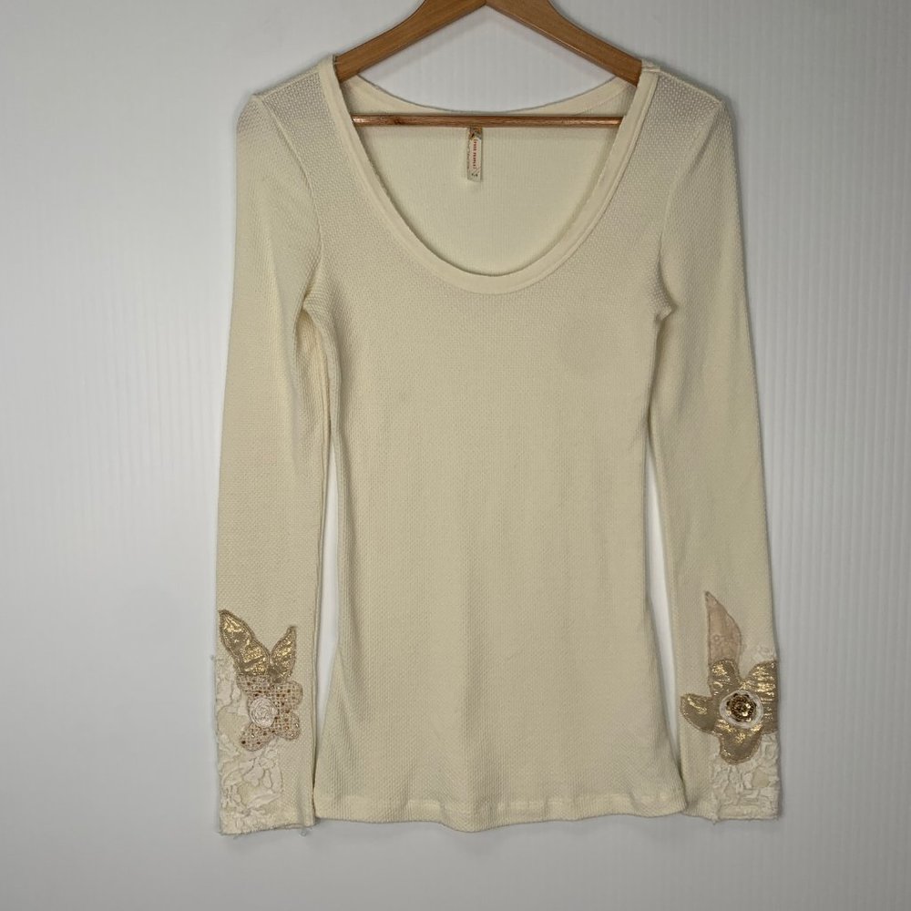 Free People Shirt Womens Large L Boho Pullover Scoop Neck Embroidered Beaded